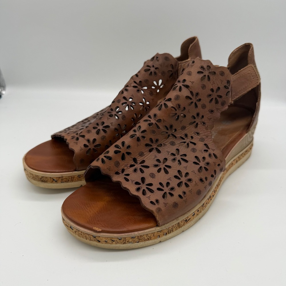 Remonte D3056 Soft Women Brown Leather Laser Cut Floral Wedge Sandals Size 43